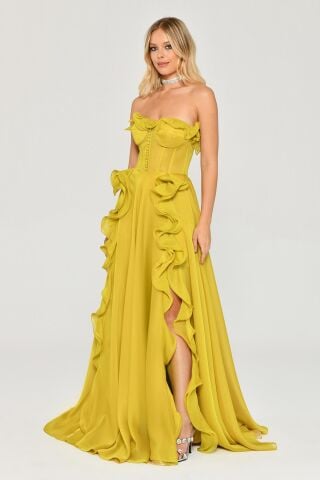 Straplez Fırfırlı Çift Yırtmaçlı Şifon Uzun Elbise OKSİT YEŞİL - 38