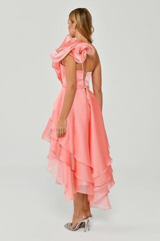 Tek Volanlı Kol Asimetrik Kesim Şifon Kısa Elbise 38 - AÇIK MERCAN