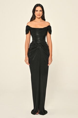 Düşük Kol Drapeli Önden Yırtmaçlı Parlak Şifon Uzun Elbise