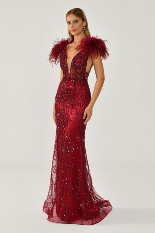 Omzu Otrişli Taşlı Uzun Elbise Bordo - 44