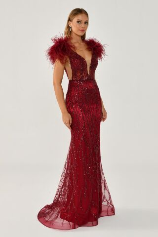 Omzu Otrişli Taşlı Uzun Elbise Bordo - 44