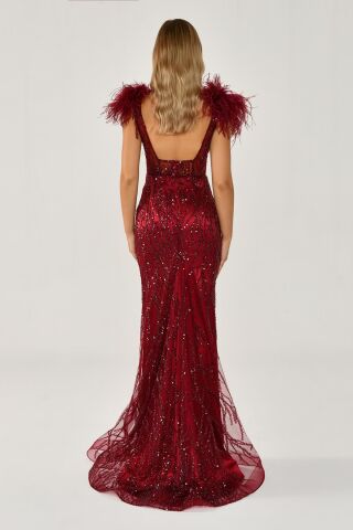 Omzu Otrişli Taşlı Uzun Elbise Bordo - 44