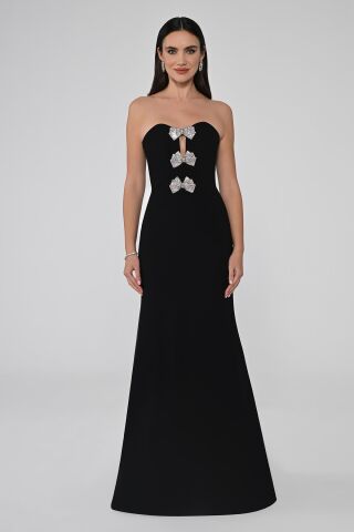 Straplez Balık Kesim Krep Uzun Elbise Siyah - 38