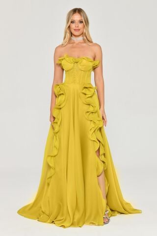 Trägerloses, langes Chiffonkleid mit Rüschen und doppeltem Schlitz, OXIDGRÜN – 42