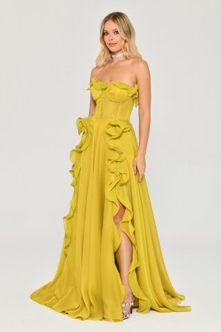 Trägerloses, langes Chiffonkleid mit Rüschen und doppeltem Schlitz, OXIDGRÜN – 42