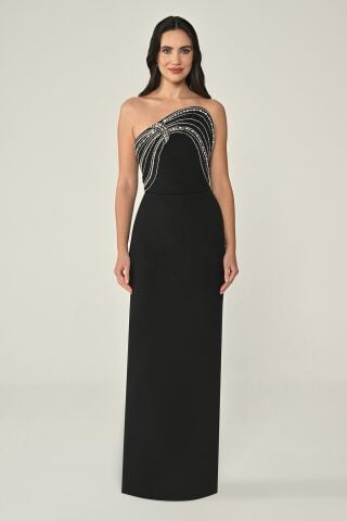 Straplez Şerit Taş Aksesuarlı Krep Uzun Elbise