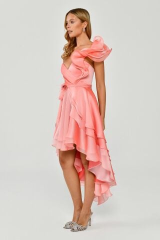 Tek Volanlı Kol Asimetrik Kesim Şifon Kısa Elbise 42 - AÇIK MERCAN