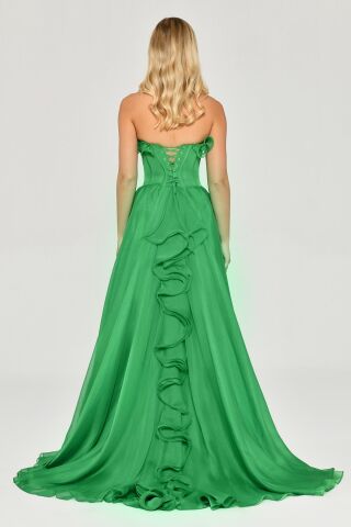 Straplez Fırfırlı Çift Yırtmaçlı Şifon Uzun Elbise A.ZÜMRÜT - 40