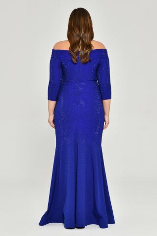 Düşük Omuz Çiçek Aksesuarlı Boncuklu Kumaş Uzun Elbise SAKS - 46