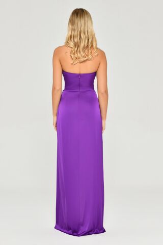 Straplez Saten Uzun Elbise Mor - 38