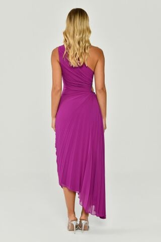 Tek Omuz Bel Dekolteli Pileli Asimetrik Kesim Şifon Midi Elbise Eflatun - 44