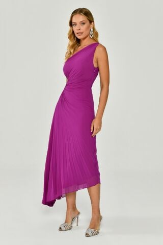 Tek Omuz Bel Dekolteli Pileli Asimetrik Kesim Şifon Midi Elbise Eflatun - 44