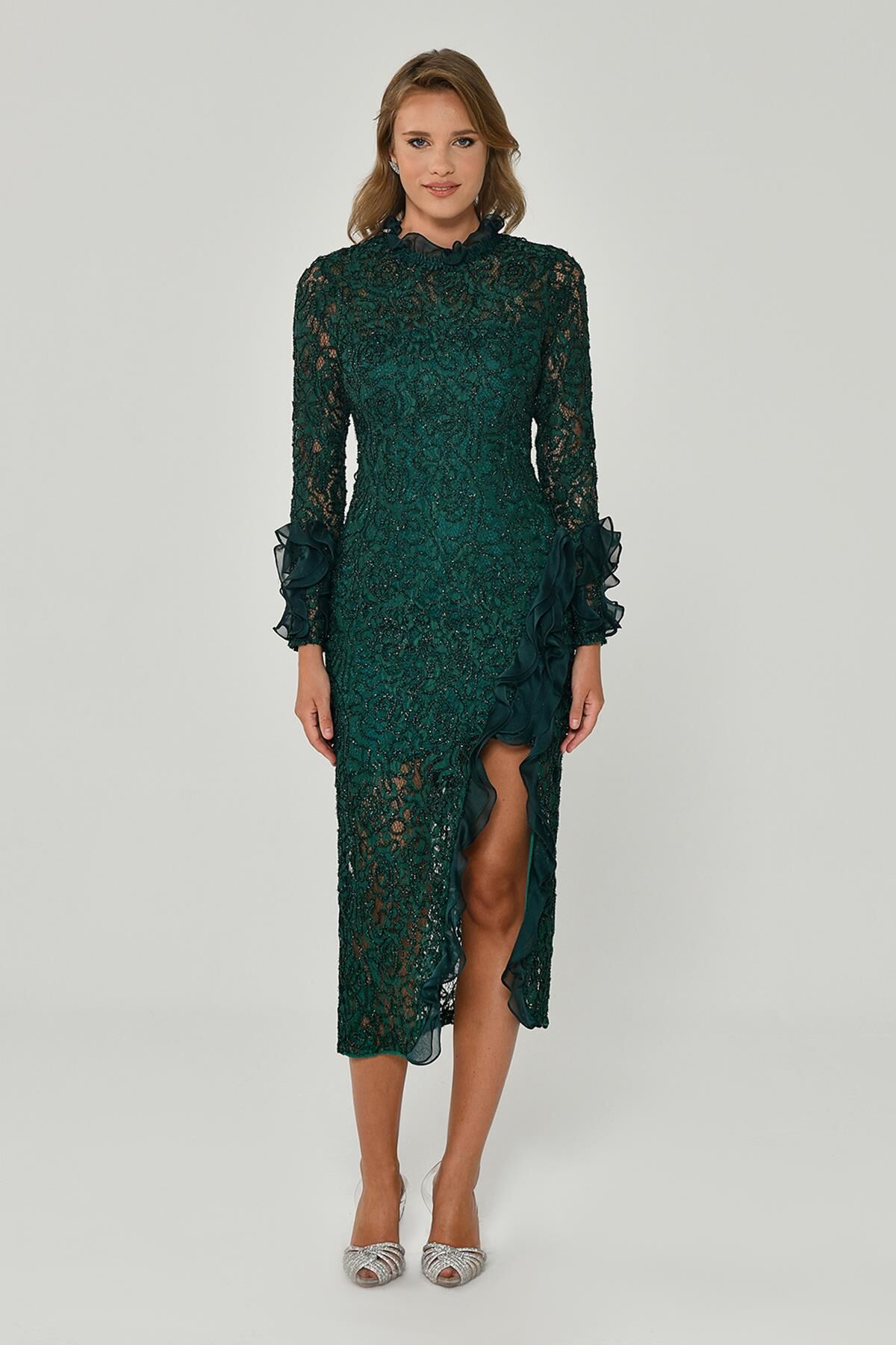 Yırtmaçlı Uzun Kollu Elbise ZÜMRÜT - 40