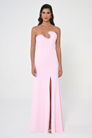 Straplez Üst Taşlı Asimetrik Kesim Krep Uzun Elbise