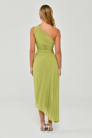 Tek Omuz Bel Dekolteli Pileli Asimetrik Kesim Şifon Midi Elbise OKSİT YEŞİL - 42