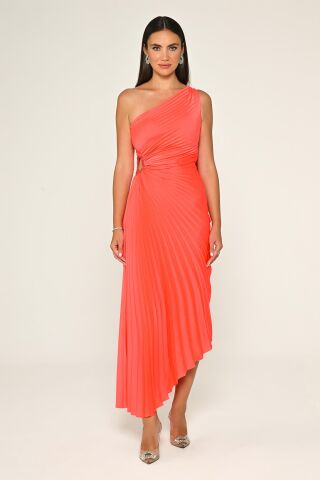 Midikleid mit One-Shoulder-Taille und Fensterdetail, plissierter Satin, asymmetrischer Schnitt, Orange – 42
