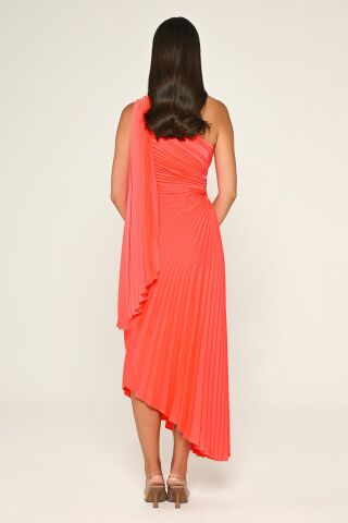 Tek Omuz Beli Pencere Detaylı Pliseli Saten Asimetrik Kesim Midi Elbise ORANGE - 42