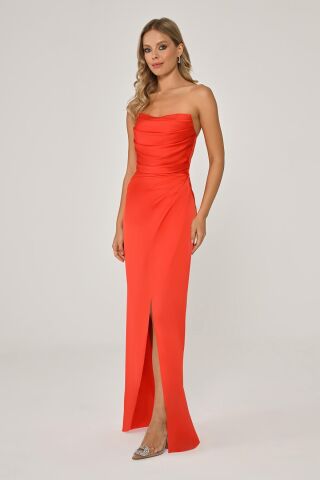 Straplez Saten Uzun Elbise ORANGE - 42
