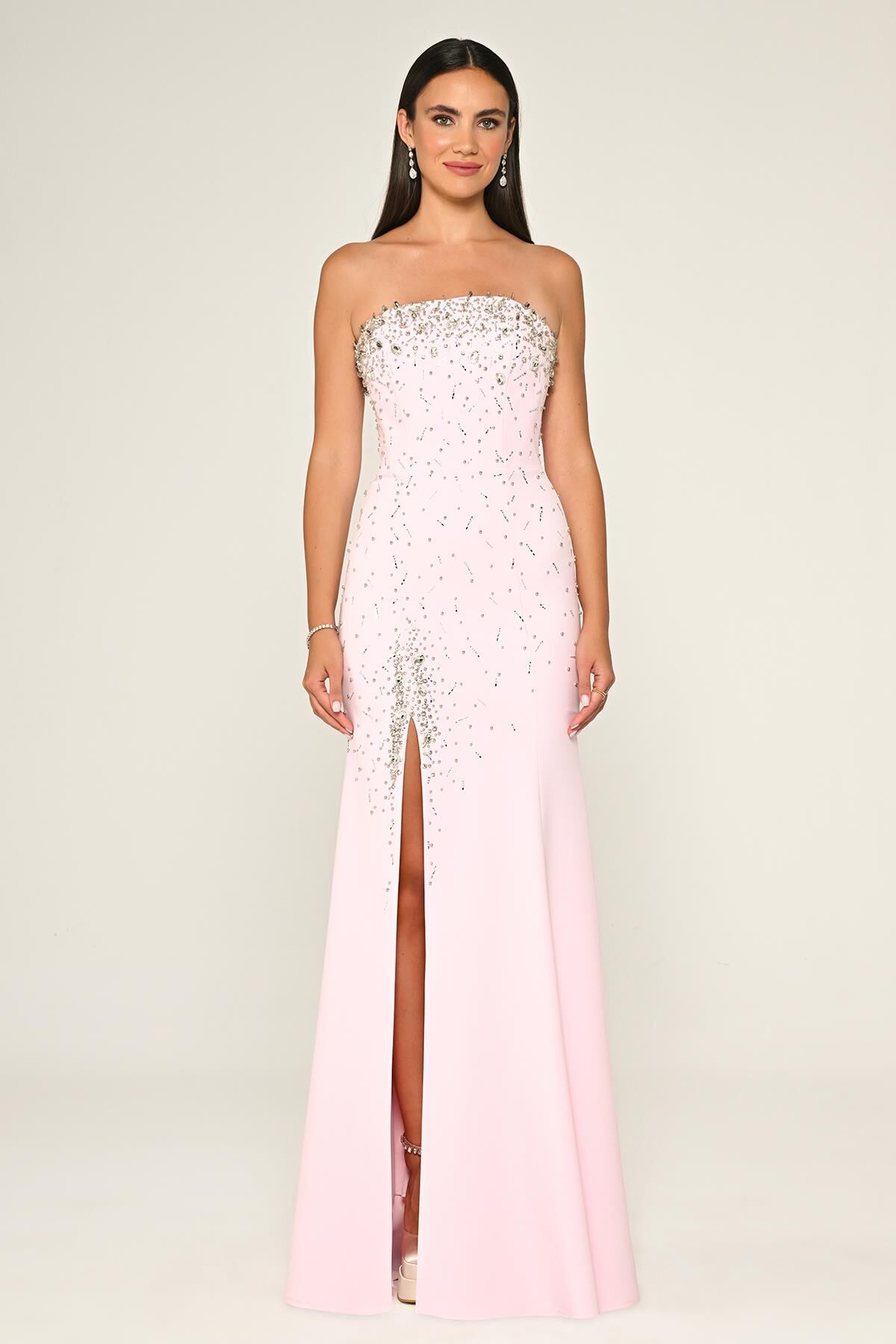 Straplez Taş İşlemeli Krep Uzun Elbise Pembe - 40