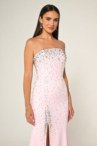 Straplez Taş İşlemeli Krep Uzun Elbise Pembe - 40