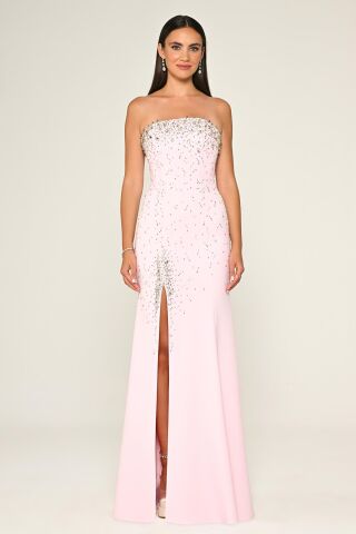 Straplez Taş İşlemeli Krep Uzun Elbise Pembe - 42