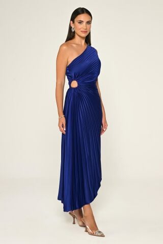 Tek Omuz Beli Pencere Detaylı Pliseli Saten Asimetrik Kesim Midi Elbise SAKS - 40