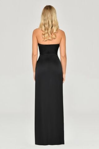 Straplez Saten Uzun Elbise Siyah - 36