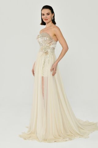 Straplez Üst Pul Payetli Alt Şİfon Çiçek Aksuarlı Uzun Elbise Kemik - 36