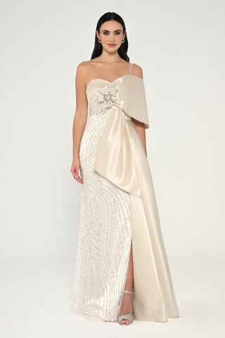 Tek Askılı Çiçek Aksesuarlı Payetli Saten Uzun Elbise EKRU - 40