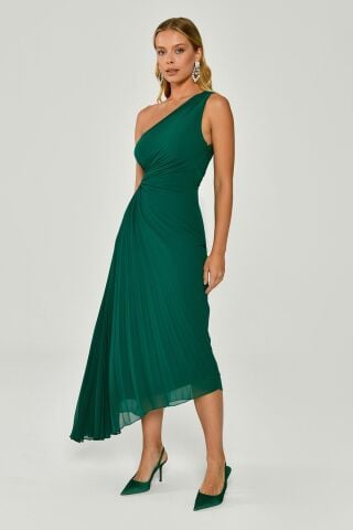 Tek Omuz Bel Dekolteli Pileli Asimetrik Kesim Şifon Midi Elbise ZÜMRÜT - 38