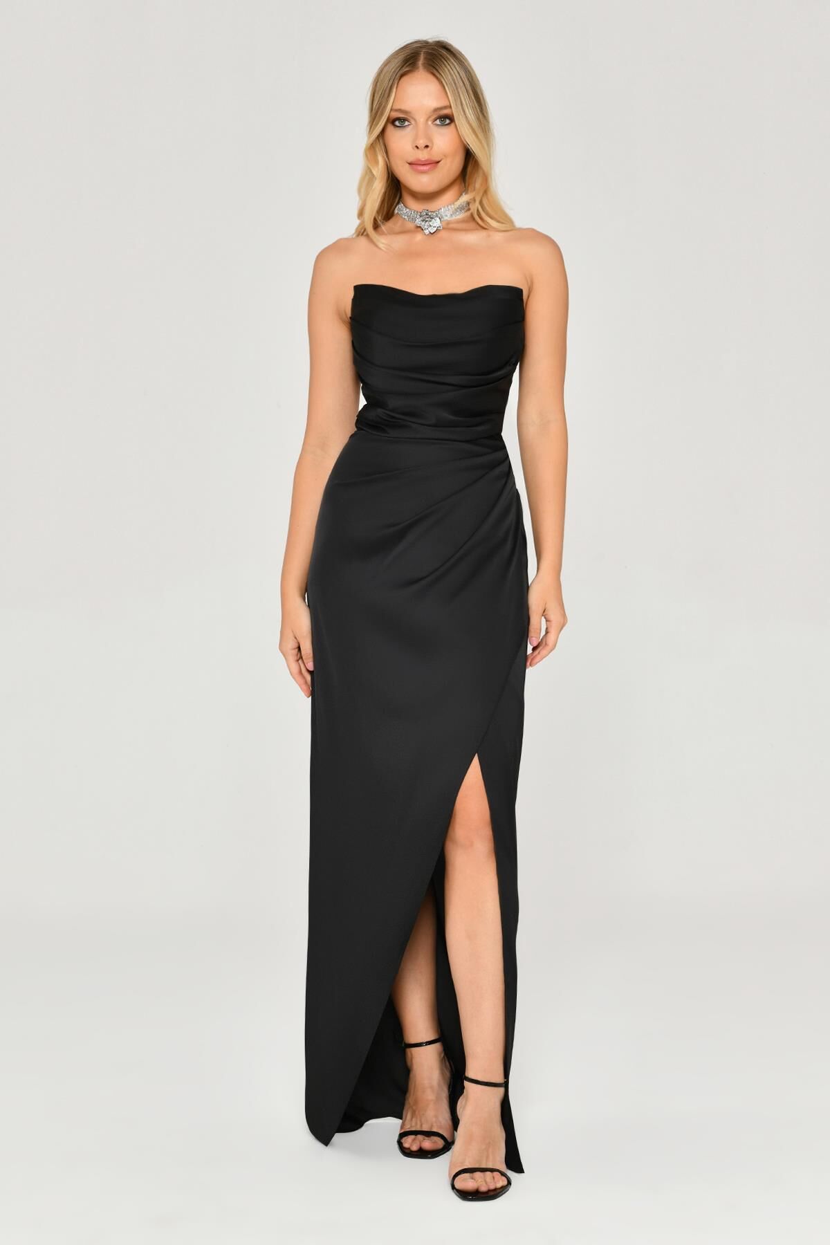 Straplez Saten Uzun Elbise Siyah - 38