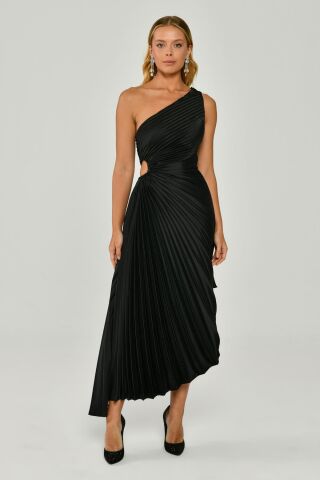 Midikleid mit One-Shoulder-Taille und Fensterdetail, plissierter Satin, asymmetrischer Schnitt, Schwarz - 42