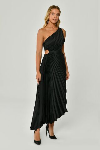 Midikleid mit One-Shoulder-Taille und Fensterdetail, plissierter Satin, asymmetrischer Schnitt, Schwarz - 42