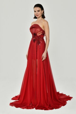Straplez Üst Pul Payetli Alt Şİfon Çiçek Aksuarlı Uzun Elbise Kırmızı - 36