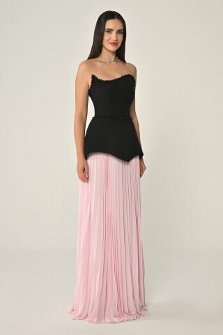 Straplez Üstü Krep Eteği Şifon Uzun Elbise SİYAH / PEMBE - 36