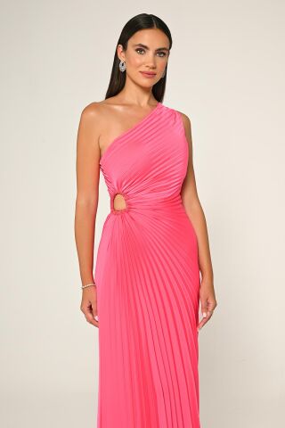 Tek Omuz Beli Pencere Detaylı Pliseli Saten Asimetrik Kesim Midi Elbise AÇIK FUŞYA - 36