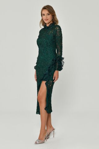 Yırtmaçlı Uzun Kollu Elbise ZÜMRÜT - 46