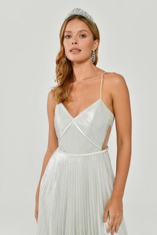 İp Askılı Pliseli Parlak Kumaş Midi Elbise Beyaz - 44