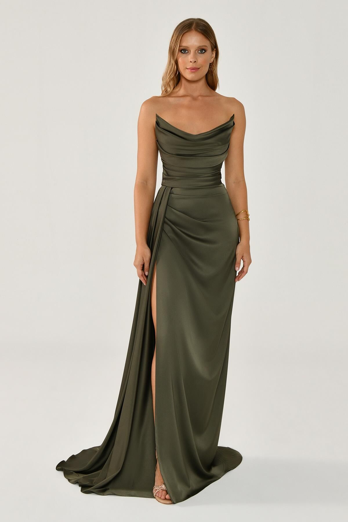 Kayık Yaka Yırtmaçlı Saten Elbise Nefti - 38