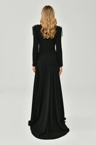 Uzun Kollu Derin V Yaka Apolet Aksesuarlı Krep Uzun Elbise Siyah - 44