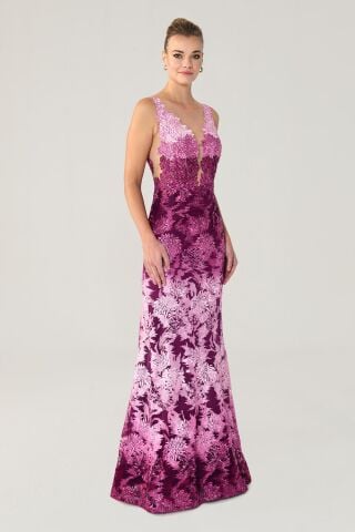 Göğüs Transparan Uzun Elbise Fuşya - 36