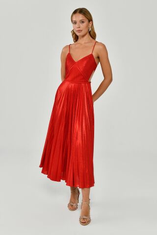 İp Askılı Pliseli Parlak Kumaş Midi Elbise Kırmızı - 38