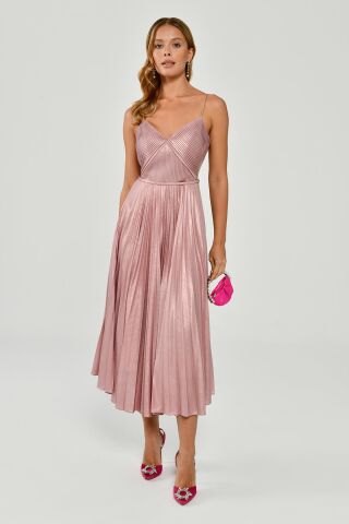 Plissiertes Midikleid aus glänzendem Stoff mit Seilträgern, Rosa - 42