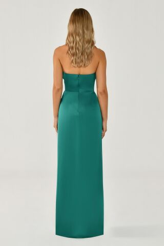 Straplez Saten Uzun Elbise ZÜMRÜT - 38