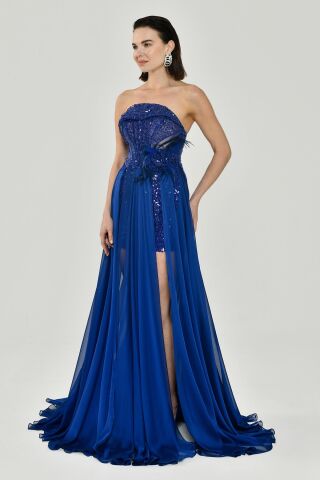 Straplez Üst Pul Payetli Alt Şİfon Çiçek Aksuarlı Uzun Elbise SAKS - 42