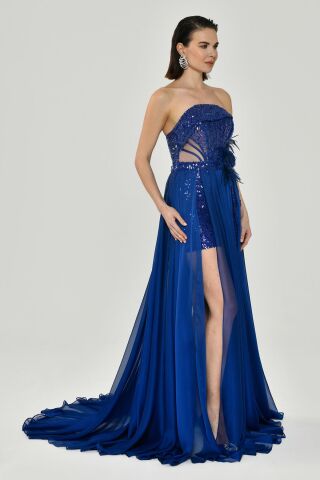 Straplez Üst Pul Payetli Alt Şİfon Çiçek Aksuarlı Uzun Elbise SAKS - 42