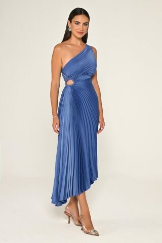 Tek Omuz Beli Pencere Detaylı Pliseli Saten Asimetrik Kesim Midi Elbise İNDİGO - 44