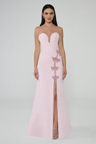 Straplez Kalp Göğüs Önden Yırtmaçlı Krep Uzun Elbise Pembe - 42