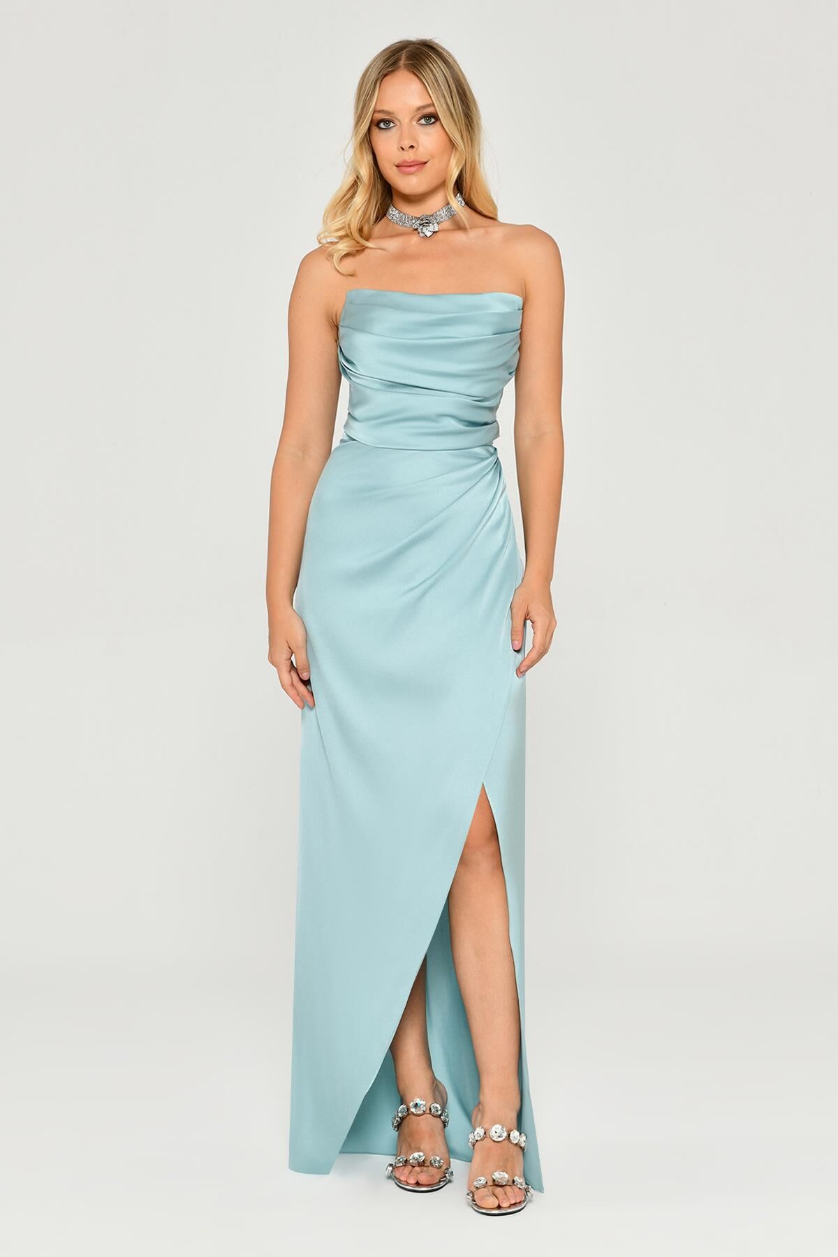 Straplez Saten Uzun Elbise MİNT - 36