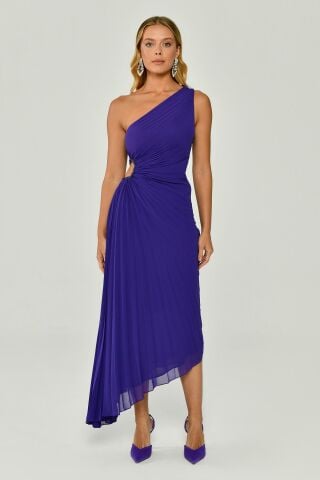 One-Shoulder-Low-Cut Plissee Asymmetrischer Schnitt Chiffon Midikleid Lila - 44